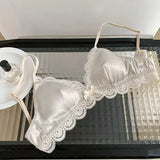 Korean Style Triangle Cup Bow Lace Bra for Women Small Chest Satin Underwear Sweet Breathable Comfortable Soft Bra