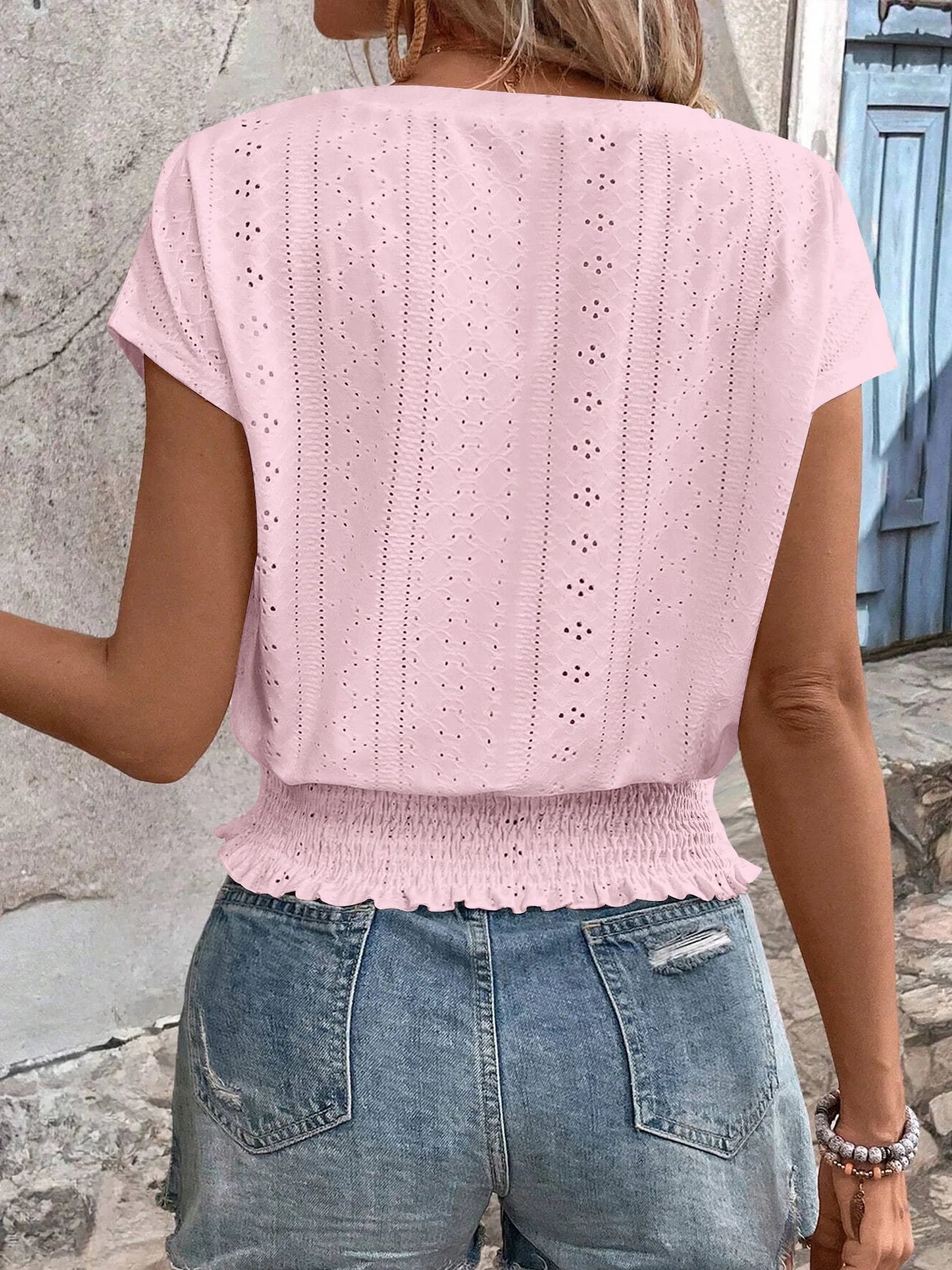 2025 Spring Summer New Fashion Blouses Solid V-Neck Jacquard Hollow-Out Smocking Short-Sleeve Shirts Fashion Casual Women's Tops