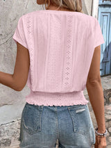 2025 Spring Summer New Fashion Blouses Solid V-Neck Jacquard Hollow-Out Smocking Short-Sleeve Shirts Fashion Casual Women's Tops