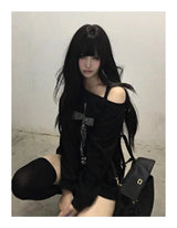 Seeslim Cross One-shoulder Graphic Hoodies Long Sleeve Black Women's Sweatshirts Harajuku Grunge 2000s Clothes Y2k Autumn Tops