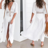 V Neck Summer Beach Cover Up Long Sleeve Ruffled Bikini Sunscreen Smock Vacation Casual Swimsuit Cover Up Dress for Women