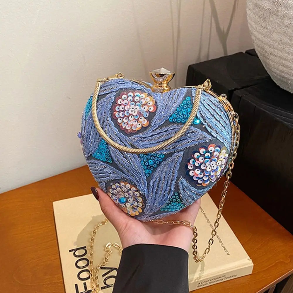 Wrist Bag Glitter Sequin Evening Banquet Bag Embroidery Elegant Heart Shape Handbag Sweet Large Capacity Ladies Clutch Bag Party