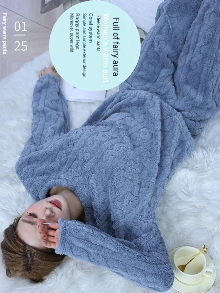 Women's Thickened Warm Sleepwear coral velvet homewear Fluffy O-neck leisure pajamas Striped Large Size Adapted Winter Sleepwear