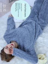 Women's Thickened Warm Sleepwear coral velvet homewear Fluffy O-neck leisure pajamas Striped Large Size Adapted Winter Sleepwear