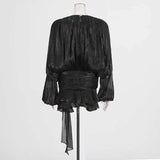TWOTWINSTYLE Solid Blouse Mini Dresses For Women V Neck Long Sleeve Spliced Lace Up Sweet Style Dress Female Clothing Fashion