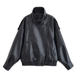 Women's Jacket 2026 Autunm  New Black Long Sleeve Pebble Faux Leather Jacket Motorcycle Style Personality Fashion