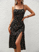 2024 Women Floral Print Spaghetti Straps Summer Boho Beach Dress Print Elegant  Suspenders Square Neck Slit Dress Vestidos