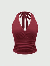 Solid V-neck Backless Halter Crop Top for Women Summer Sexy Y2K Sleeveless Ruched Top Streetwear