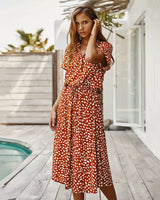 Vintage Floral Print Dress Women Boho Short Sleeve Long Dress Turn Down Collar Casual Waistband Shirt Dresses Robe 2021 Summer