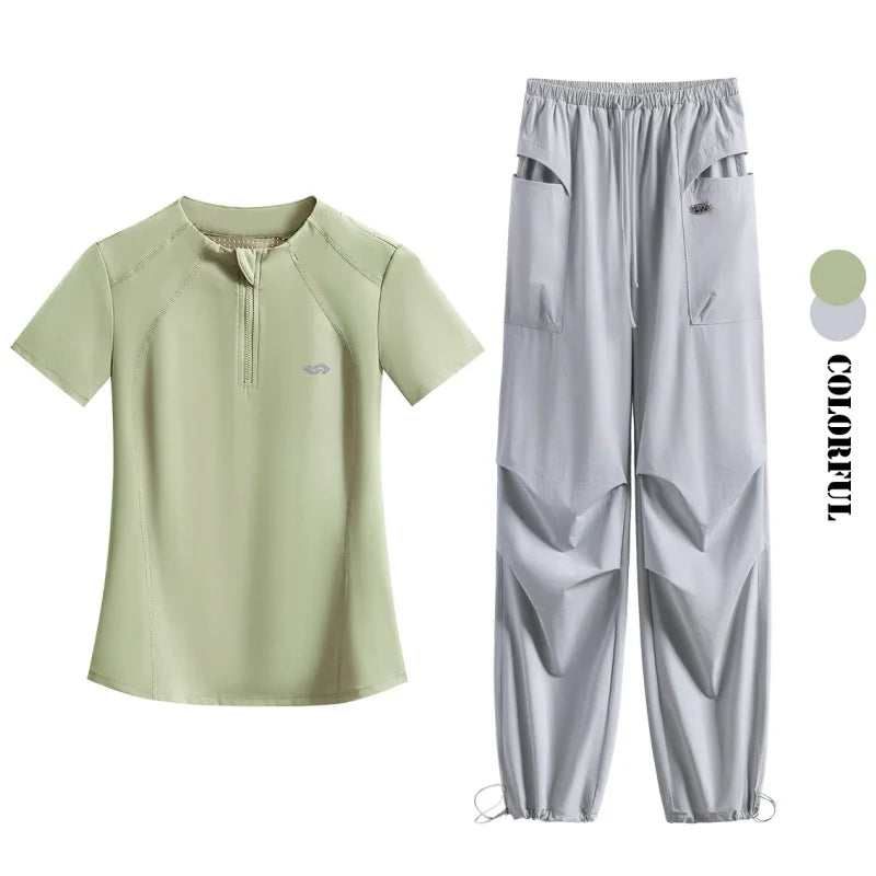 DRUR Summer Hiking Tracksuit Women Breathable Quick Dry Running Set  2 Piece Gym Outfit Slim Fit Sports Top Cargo Pants Suit New