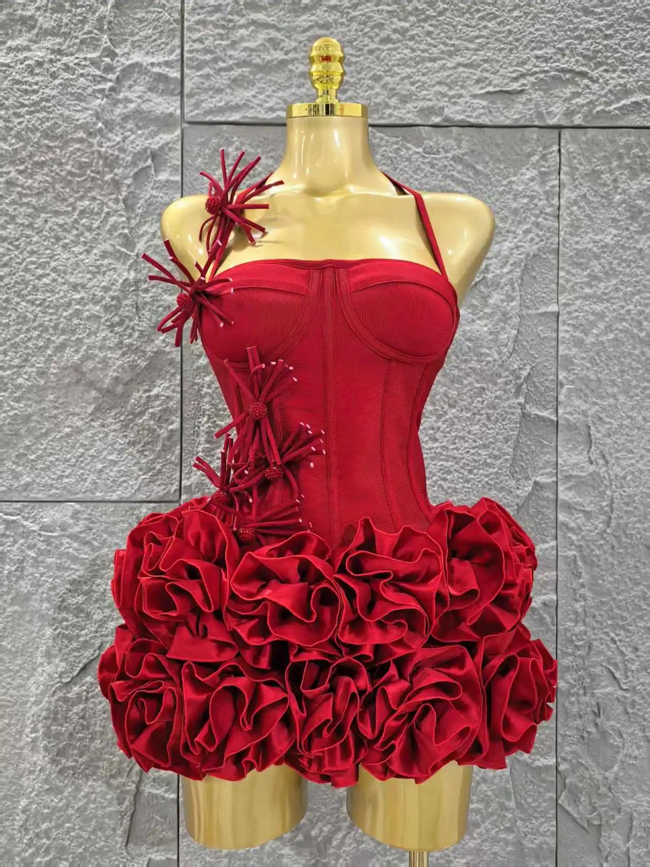 Red Color Women Sexy Halter Full Florals 2 Pieces Bodycon Mini Bandage Dress Celebrate Nightclub Party Birthday Dress