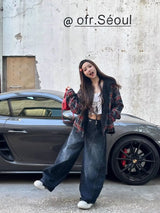 Stylish Chic Elegant Embroidered Patchwork Jeans Women Vintage Washed Draping Denim Straight Loose Fit Slimming Versatile Pants