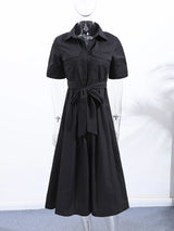 Elegant Belt Women Long Black Dress Full Sleeve Pleated Lapel Waist-Closed Female  A Line Dresses 2026 Spring Lady Robes New