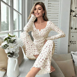 Sleepwear Women Floral Print Lettuce Trim Top with Long Pant Lovely Loungewear Full Sleeve Nightwear Spring Autumn Pajamas Set