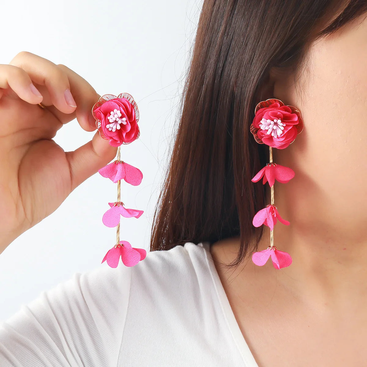 Chiffon flower multi-layer earrings, summer beach vacation style exaggerated earrings design, light luxury, niche