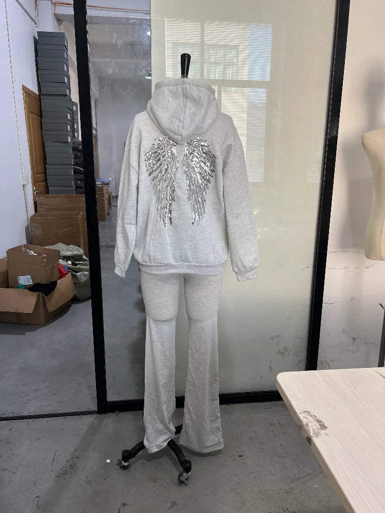Sequin Angel's Wings Hoodies Women Chic Loose Long Sleeve Pullovers Top Slim Yoga Pant Set 2025 New Casual Lady Two Piece Sets