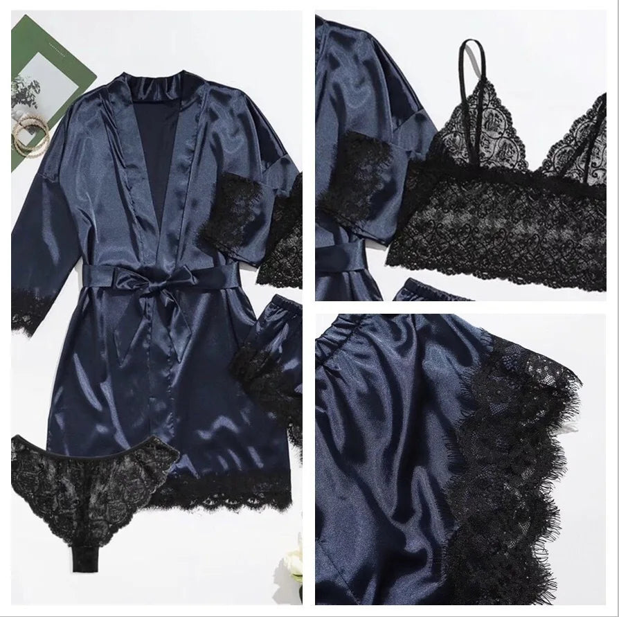 2025New Women's Pajama Fashion 4-piece Set Lace Satin Strap Sexy Pajama Set Dress Skin friendly Comfortable Casual Pajama Skirt