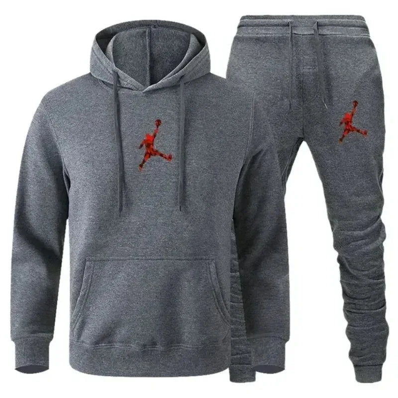 A 2-piece men's outdoor fitness sportswear set featuring a hooded long-sleeved sweatshirt, pullover and casual pants for autumn