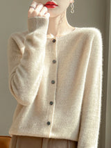 Women 100% Merino Wool Cardigan Soft O-Neck Cashmere Sweater OL Buttoned Knitwear Casual Top Clothing Korean Style