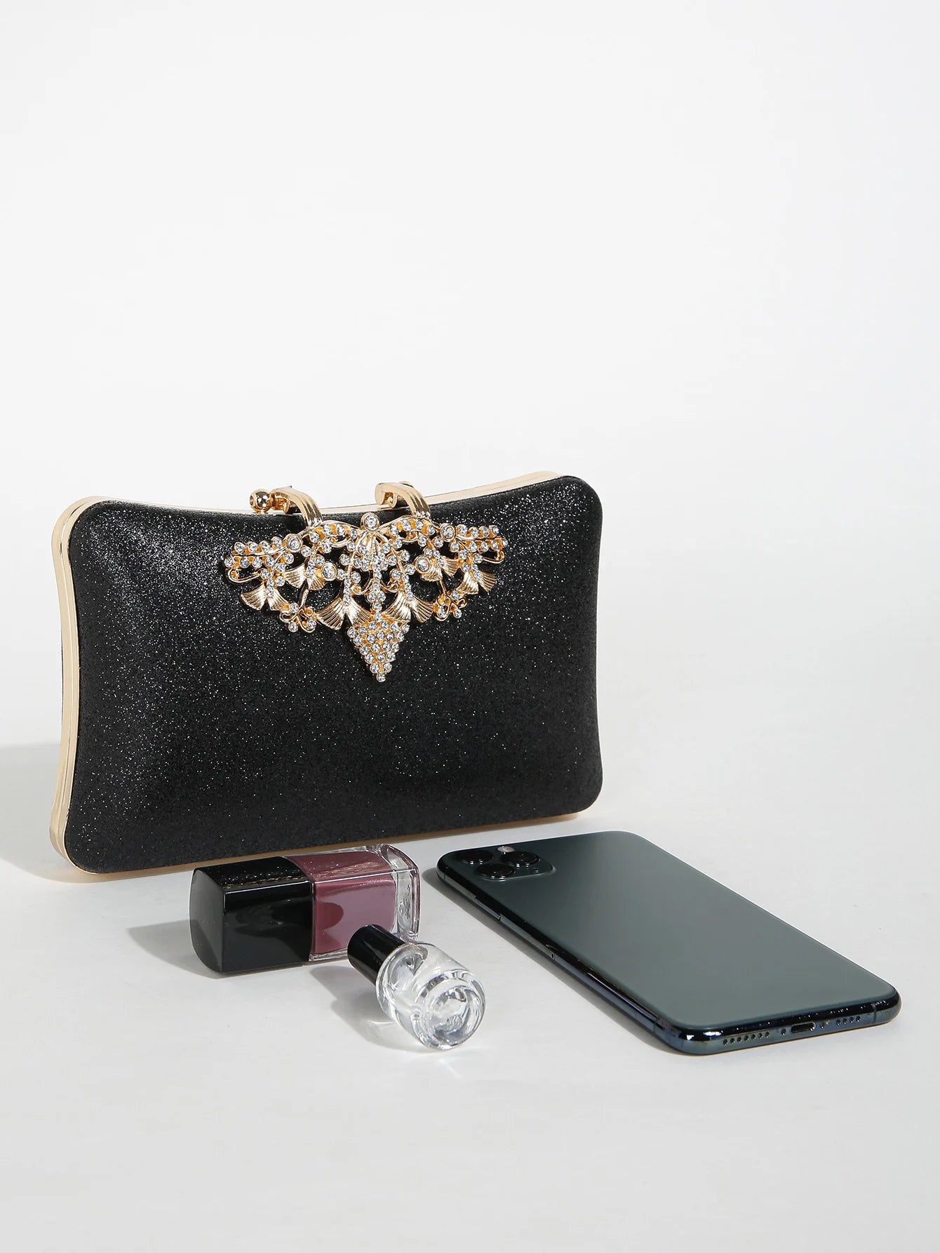 1PC Gold Glitter Clutch Box with Rhinestone Decor Cut-out Flower Flap Lock Closure Elegant Textured Frame Purse for Dinner