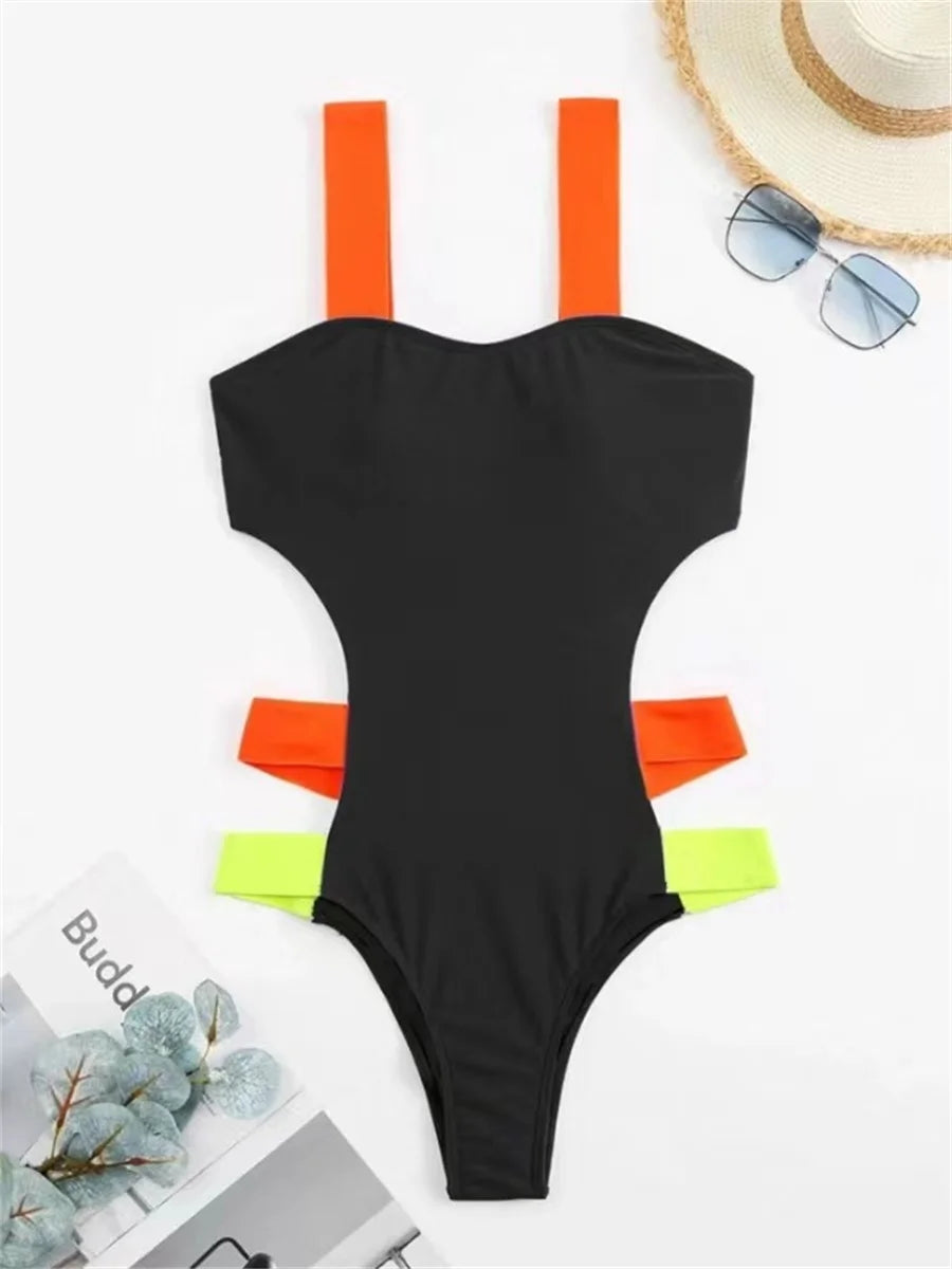 Sexy Black Contrast One Piece Swimsuit 2026 Women Neon Strap Hollow Out Backless Monokini Summer Bathing Suit Patchwork Swimwear