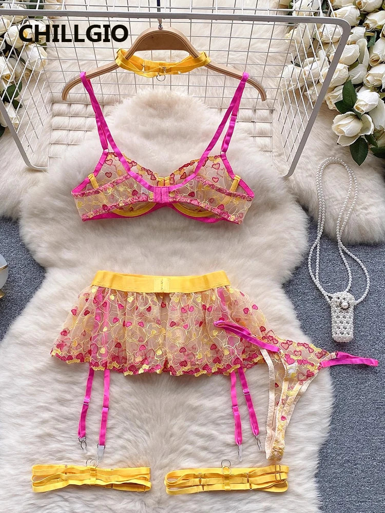 CHILLGIO Women Heart Print Lace Bra Brief Suit Fashion Transparent Push Up Underwear Outfit 3 Pieces Sexy Intimate Lingerie Sets