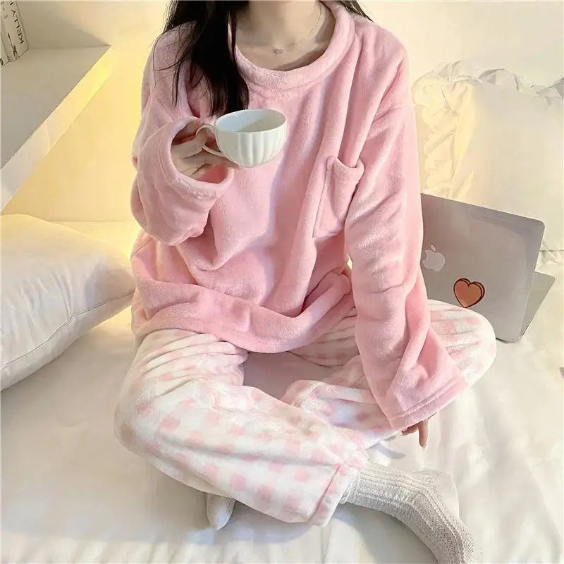 CHUANGERM Winter Fleece Thick Warm Soft Solid Casual Women's Pajamas Set Plaid Top And Pants Home Suit Pyjamas