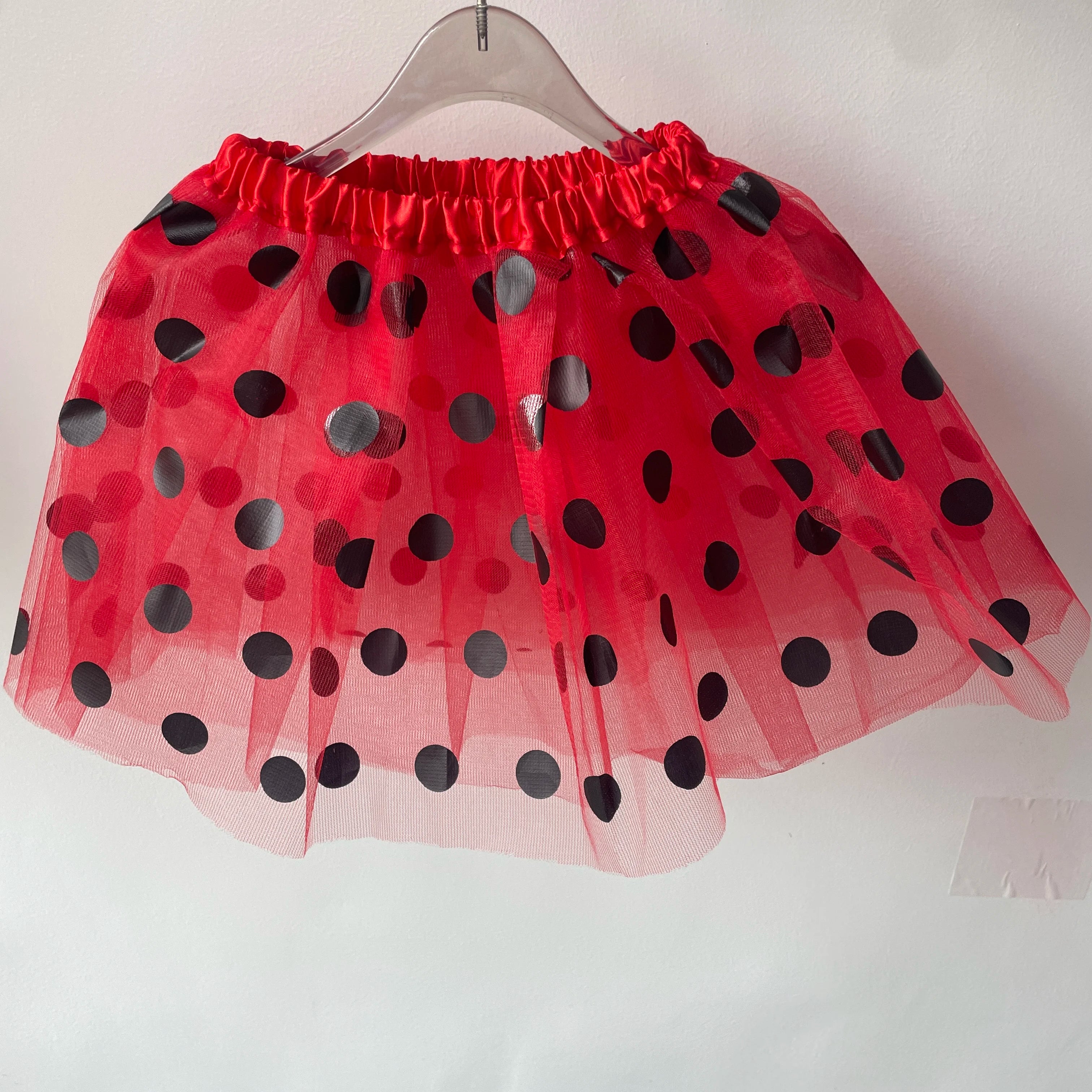 Children's mesh dress half skirt with big black dots, bee or ladybug dress, holiday carnival mini skirt