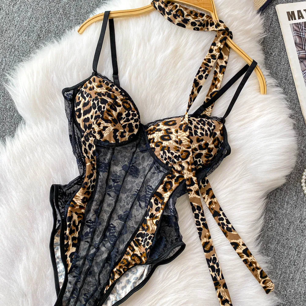 Women Hotsweet V-neck leopard slim  Vintage Straps Bodysuits Chic lace Jumpsuits Slim Top Clothing