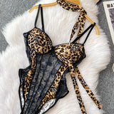Women Hotsweet V-neck leopard slim  Vintage Straps Bodysuits Chic lace Jumpsuits Slim Top Clothing