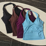 Women's Sexy V-Neck Fitness Bra Nude Sports Bra Hanging Neck Yoga Suit Vest Comfortable Breathable Gym Top for Active Wear