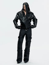 Mauroicardi Spring Long Black Distressed Waxed Cotton Denim Pants Man Metal Buckle Strap Streetwear Jeans Fashion Man Clothing