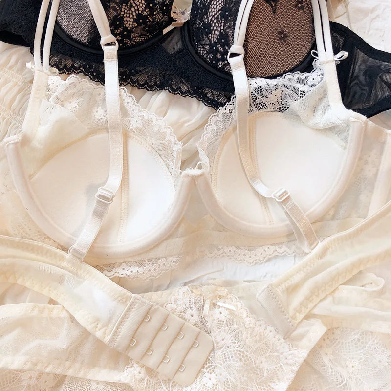 New Women Lingerie Set Sexy Lace Push Up Bra French 3/4 Thin Cup Bralette Cute Bow Decoration Underwear Comfort Bras Briefs Sets