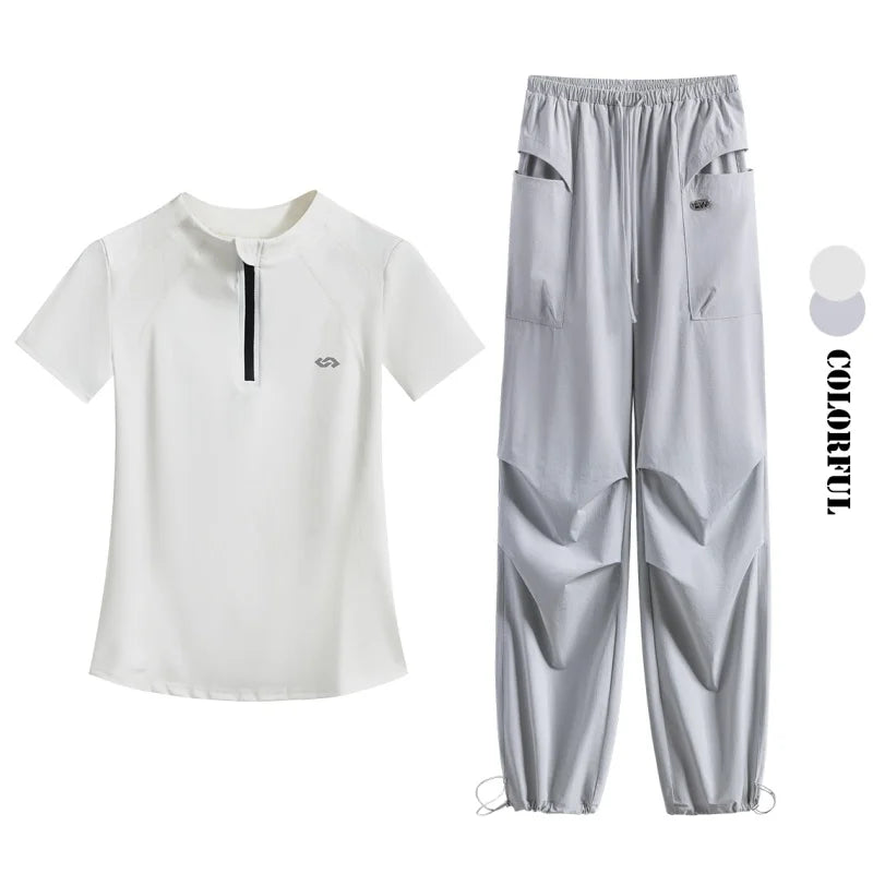 DRUR Summer Hiking Tracksuit Women Breathable Quick Dry Running Set  2 Piece Gym Outfit Slim Fit Sports Top Cargo Pants Suit New