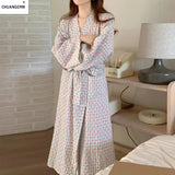 CHUANGERM Women Sweet Plaid Long Sleeve V Neck Lace Up Loose Medium Long Robe Comfortable Sexy Home Wear Loungewear