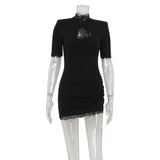 Lace Patchwork Hollow Out Bodycon Sheath High Collar Women Dresses Half Sleeves Outfits Sexy Club Fashion Female Mini Vestidos