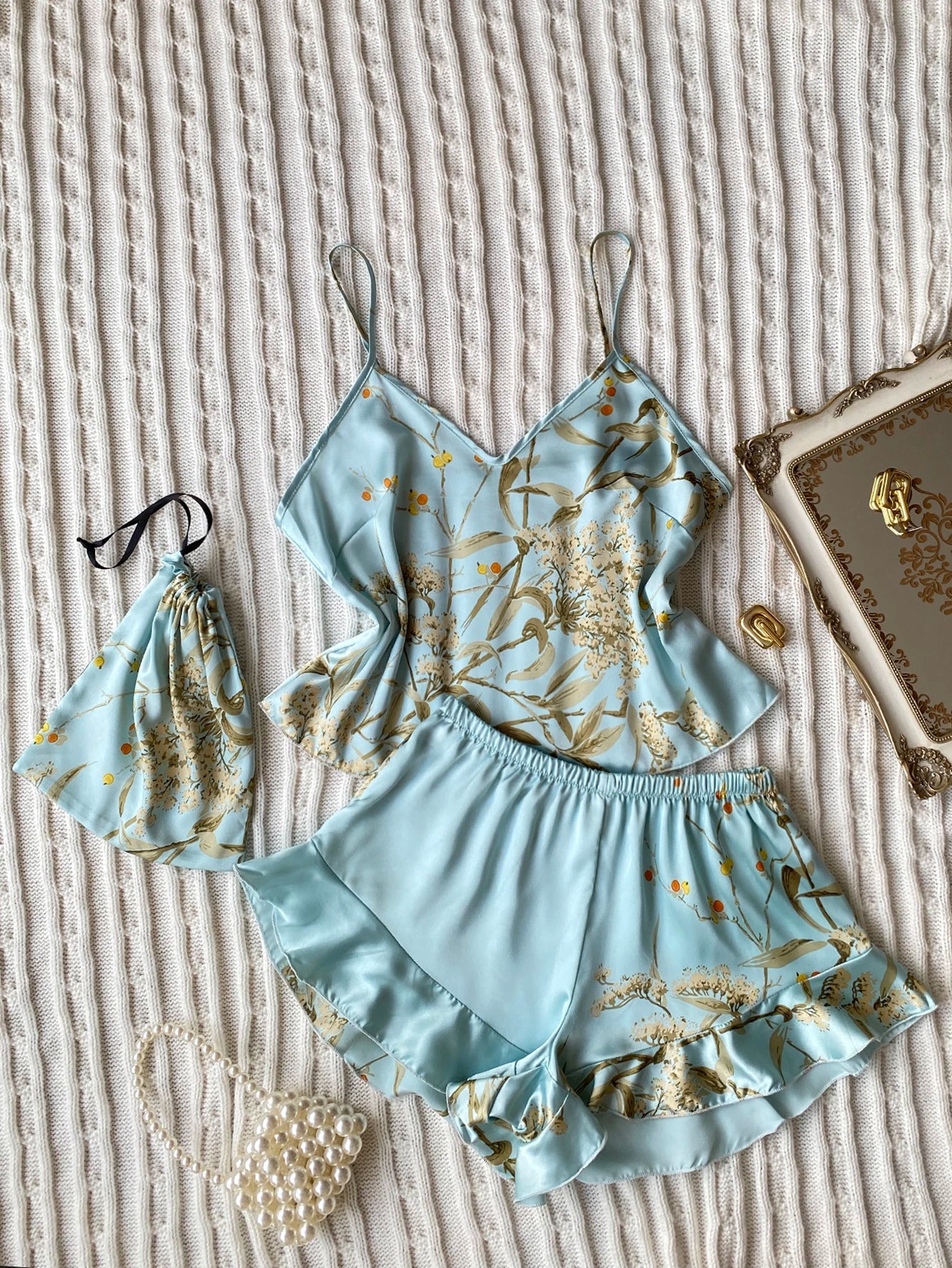 Elegant Floral Print Cami Tops Ruffle Hem Shorts Pajama Set  Women's Sleepwear Loungewear