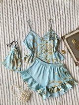 Elegant Floral Print Cami Tops Ruffle Hem Shorts Pajama Set  Women's Sleepwear Loungewear