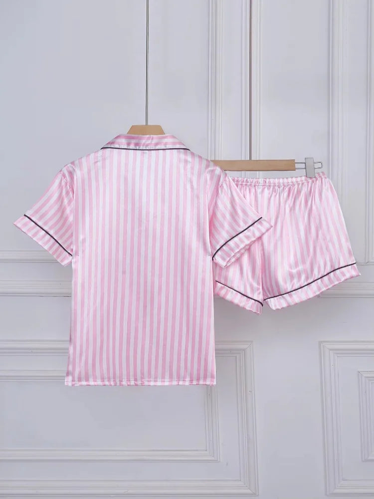 Striped Embroidered Letter Pocket Short Sleeve And Shorts Pajama Set Casual Satin Sleepwear Lapel Collar Classic Print