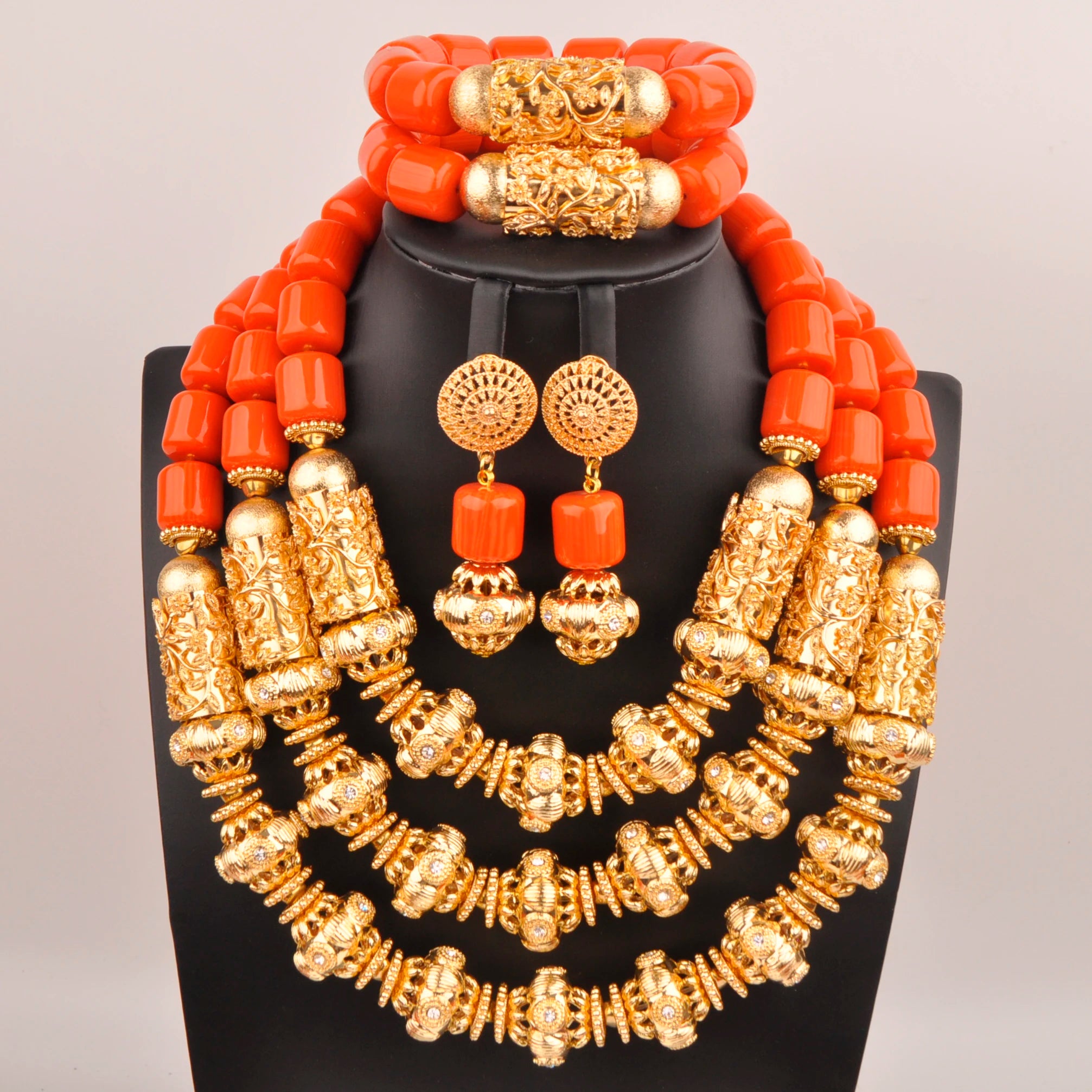 32inches 2Layers orange artifinal nigerian coral bead jewelry set wedding