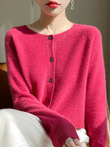 Women 100% Merino Wool Cardigan Soft O-Neck Cashmere Sweater OL Buttoned Knitwear Casual Top Clothing Korean Style