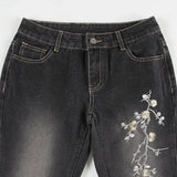 Weekeep Floral Embroidery Jeans Vintage 2000s Low Rise Flared Jeans Women Retro y2k Baggy Denim Pants High Street Basic Trousers