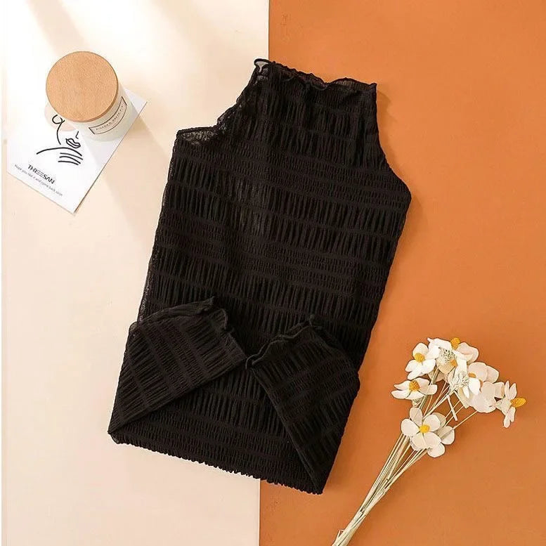 Women Elegant High Neck Polka Dot Blouse Mesh Lace Stitching Puff Long Sleeve Shirt Slim Fit Office Ladies Fashion Daily Tops