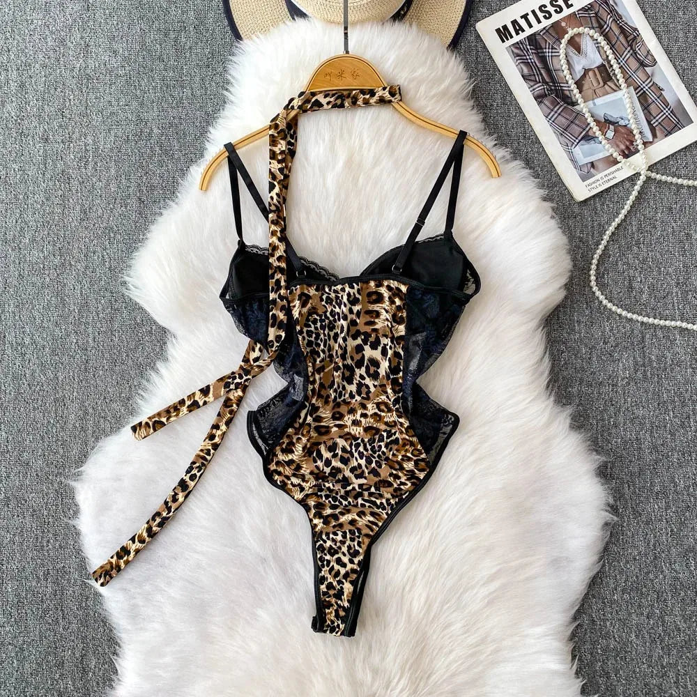 Women Hotsweet V-neck leopard slim  Vintage Straps Bodysuits Chic lace Jumpsuits Slim Top Clothing