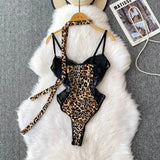 Women Hotsweet V-neck leopard slim  Vintage Straps Bodysuits Chic lace Jumpsuits Slim Top Clothing