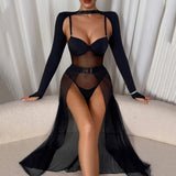 2025 New Perspective Mesh Body Shaping Jumpsuit Women's Sexy Splicing Split Skirt Female See Through Underwear 3-Piece Brief Set