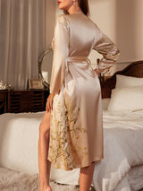 Cherry Print Belted Robe Sexy Satin Elegant Loungewear Four Seasons Breathable Sleepwear for Women