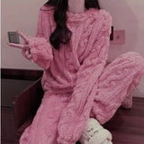 Women's Thickened Warm Sleepwear coral velvet homewear Fluffy O-neck leisure pajamas Striped Large Size Adapted Winter Sleepwear