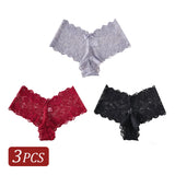 3PCS Elegant Women's Underwear V-shaped Waist Lace Floral Embroidery Panties Semi-Sheer Sexy Briefs Solid Color Lingerie