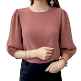 ZANZEA Women Crinkled Texture Puff Sleeve Blouse, Elegant O Neck 3/4 Sleeve Blusas Mujer, Summer Fashion Solid Color Casual Tops